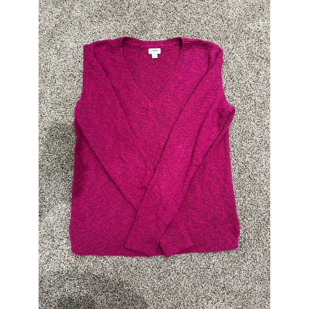 J.Crew Magenta Pink Boucle V-Neck Sweater Womens Small Cotton Blend Pullover